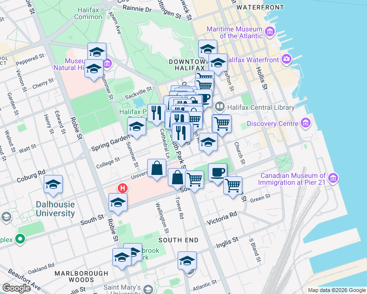 map of restaurants, bars, coffee shops, grocery stores, and more near 1333 South Park Street in Halifax