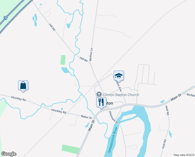 map of restaurants, bars, coffee shops, grocery stores, and more near 32 Railroad Street in Clinton