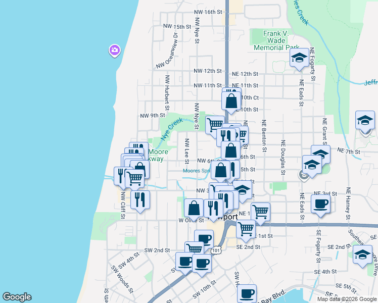 map of restaurants, bars, coffee shops, grocery stores, and more near 317 Northwest 6th Street in Newport