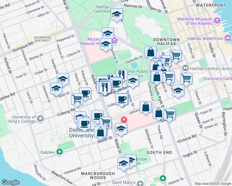 map of restaurants, bars, coffee shops, grocery stores, and more near 1491 Carlton Street in Halifax