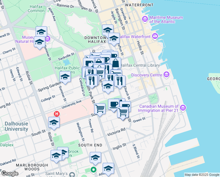 map of restaurants, bars, coffee shops, grocery stores, and more near 1308 Birmingham Street in Halifax