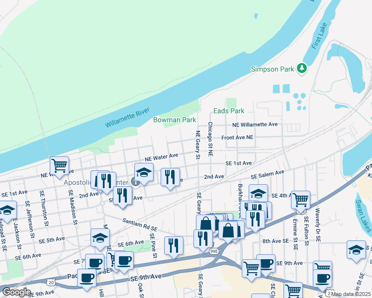map of restaurants, bars, coffee shops, grocery stores, and more near 1735 Southeast 1st Avenue in Albany