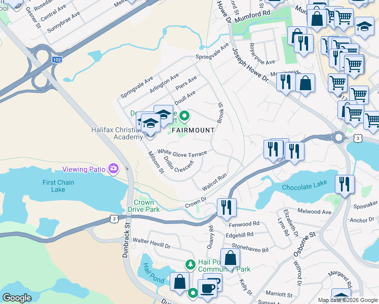 map of restaurants, bars, coffee shops, grocery stores, and more near 53 White Glove Terrace in Halifax