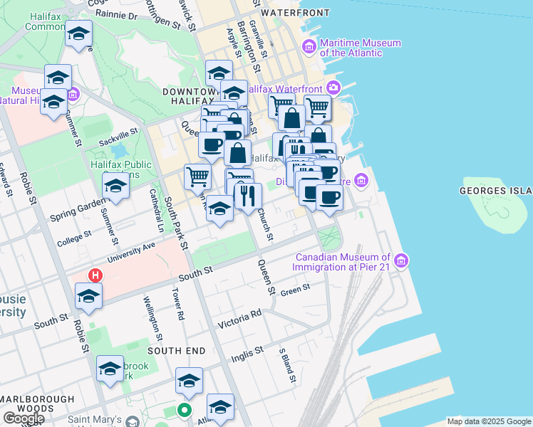 map of restaurants, bars, coffee shops, grocery stores, and more near 1271 Church Street in Halifax