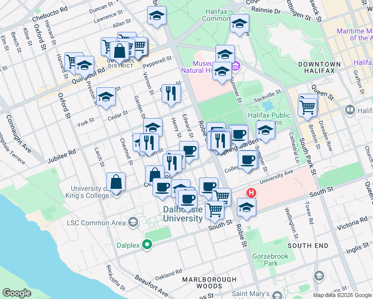 map of restaurants, bars, coffee shops, grocery stores, and more near 1589 Henry Street in Halifax