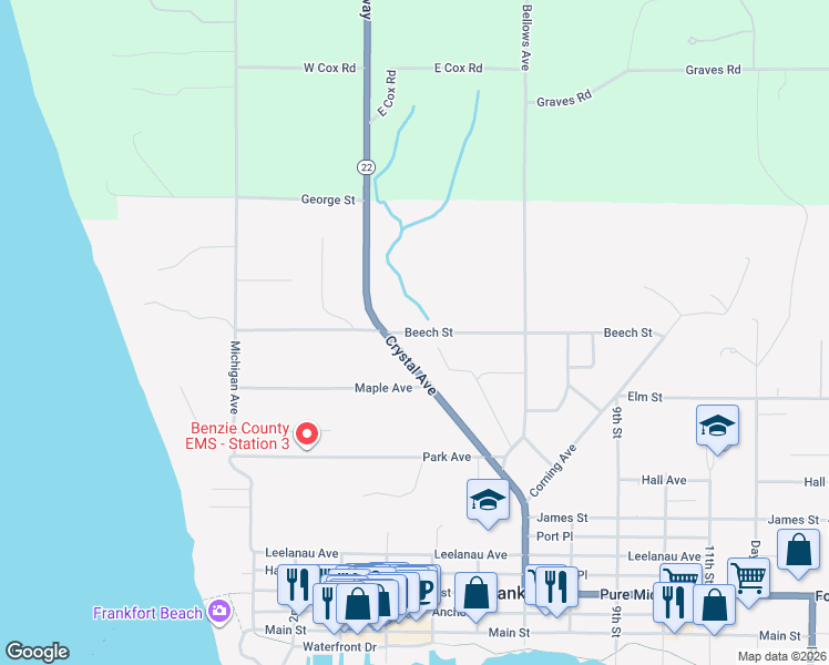 map of restaurants, bars, coffee shops, grocery stores, and more near 460 Beech Street in Frankfort