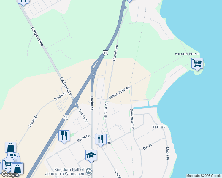 map of restaurants, bars, coffee shops, grocery stores, and more near 4365 Huronia Road in Orillia