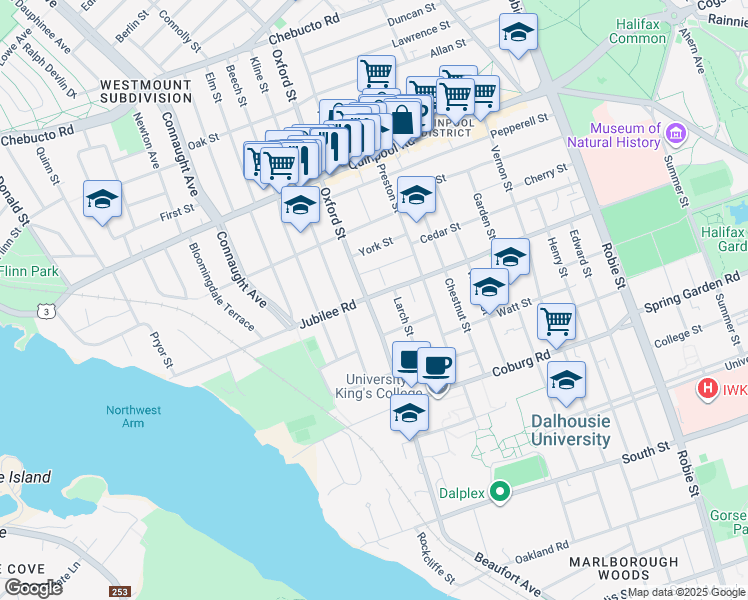 map of restaurants, bars, coffee shops, grocery stores, and more near 1689 Oxford Street in Halifax