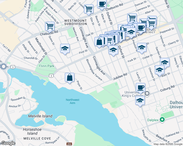 map of restaurants, bars, coffee shops, grocery stores, and more near 1790 Bloomingdale Terrace in Halifax