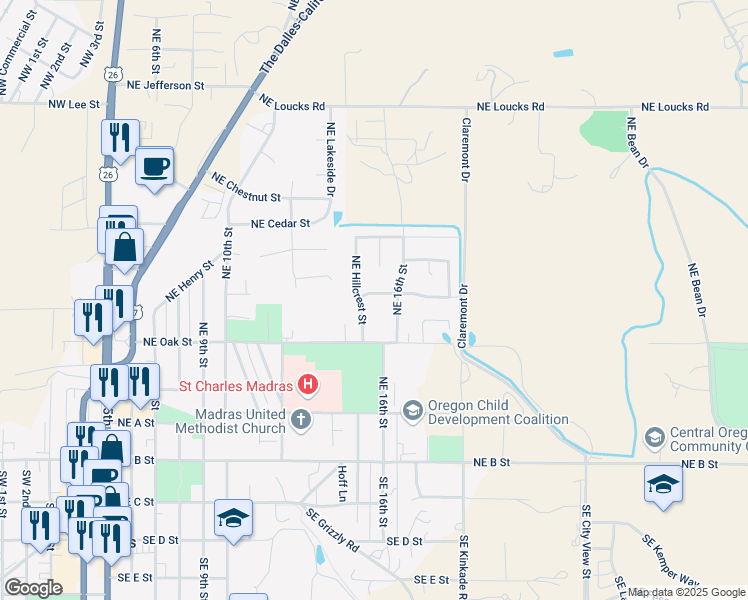 map of restaurants, bars, coffee shops, grocery stores, and more near 390 Northeast 16th Street in Madras