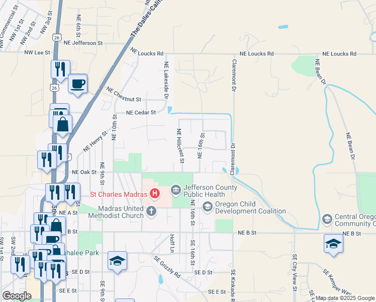 map of restaurants, bars, coffee shops, grocery stores, and more near 561 Northeast Begonia Street in Madras