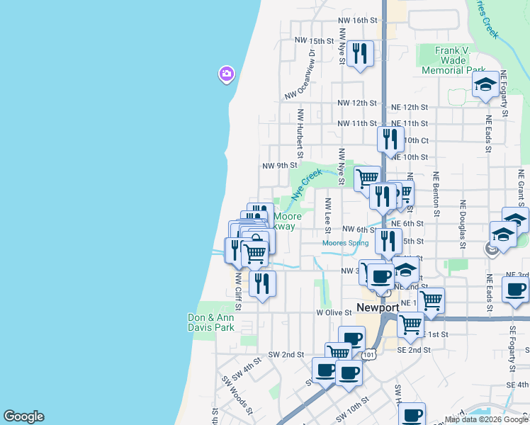 map of restaurants, bars, coffee shops, grocery stores, and more near 736 Northwest Coast Street in Newport