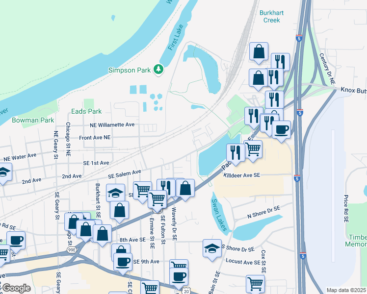 map of restaurants, bars, coffee shops, grocery stores, and more near 2853 Southeast Salem Avenue in Albany