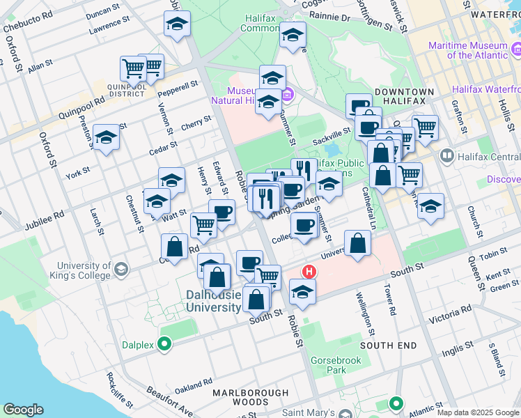 map of restaurants, bars, coffee shops, grocery stores, and more near in Halifax