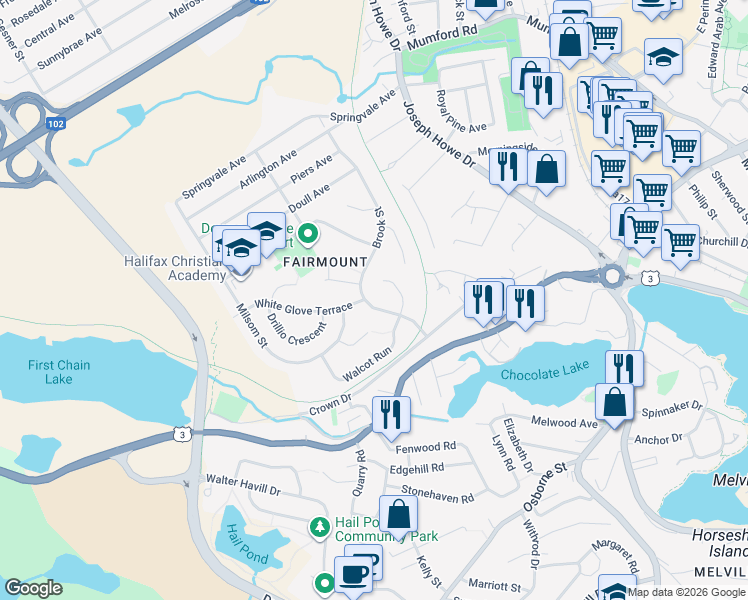map of restaurants, bars, coffee shops, grocery stores, and more near 9 Palmer Hill Road in Halifax