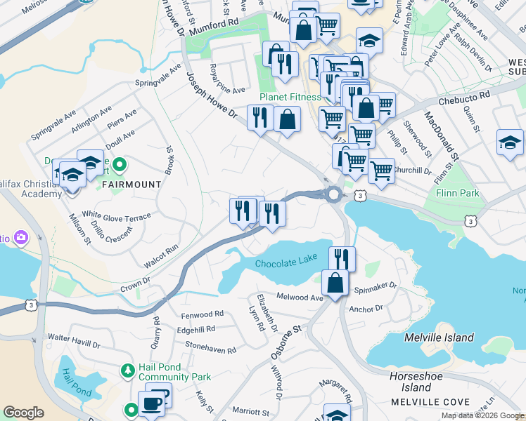 map of restaurants, bars, coffee shops, grocery stores, and more near 18 Crown Drive in Halifax