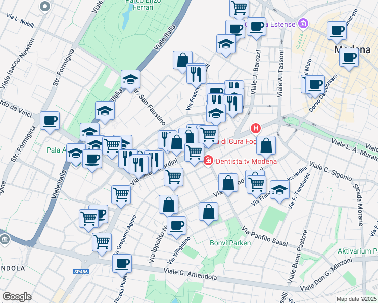map of restaurants, bars, coffee shops, grocery stores, and more near 2 Strada San Faustino in Modena