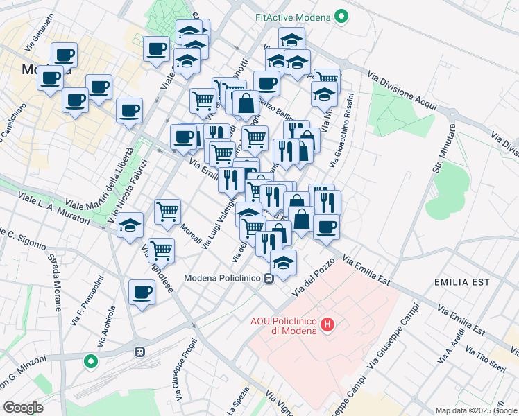 map of restaurants, bars, coffee shops, grocery stores, and more near 210 Via Emilia Est in Modena