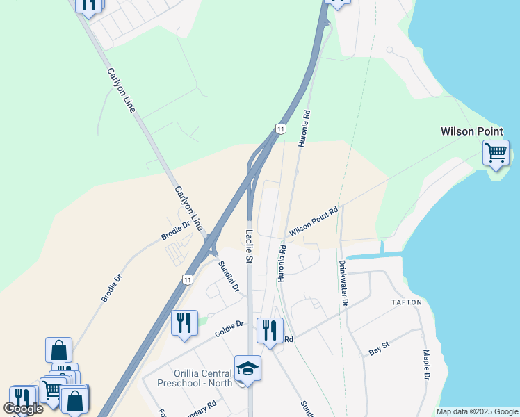 map of restaurants, bars, coffee shops, grocery stores, and more near Lily Drive in Orillia