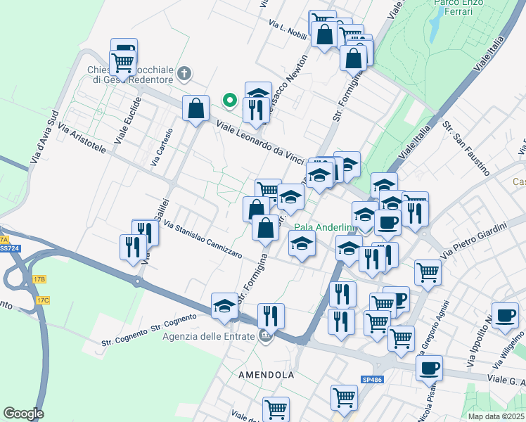 map of restaurants, bars, coffee shops, grocery stores, and more near 30 Via Maria Curie in Modena