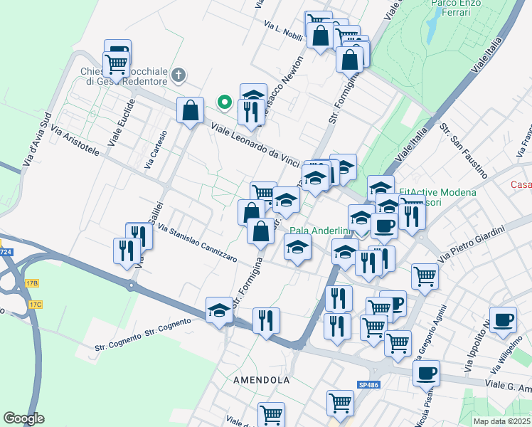 map of restaurants, bars, coffee shops, grocery stores, and more near 30 Via Maria Curie in Modena