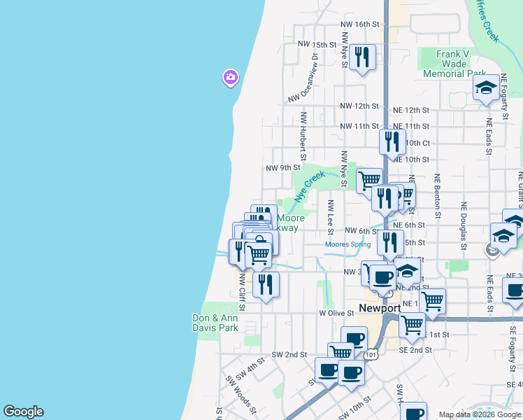 map of restaurants, bars, coffee shops, grocery stores, and more near 736 Northwest Coast Street in Newport