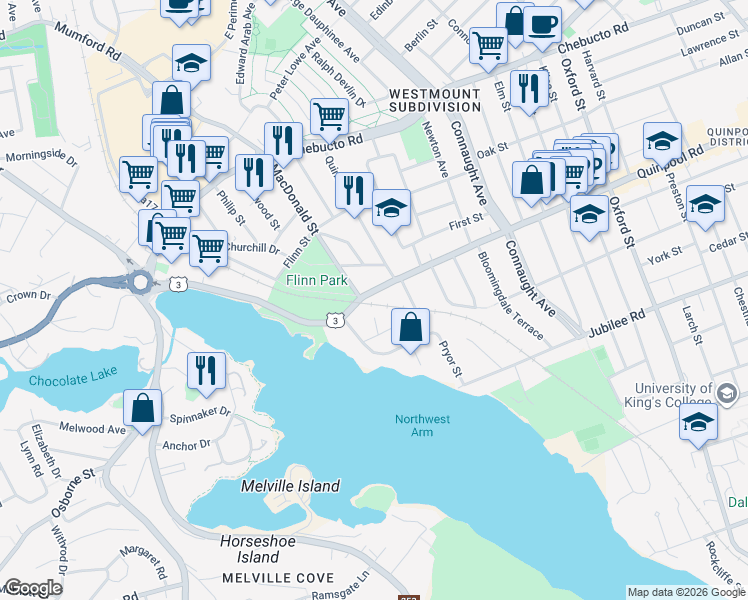 map of restaurants, bars, coffee shops, grocery stores, and more near 6880 Quinpool Road in Halifax