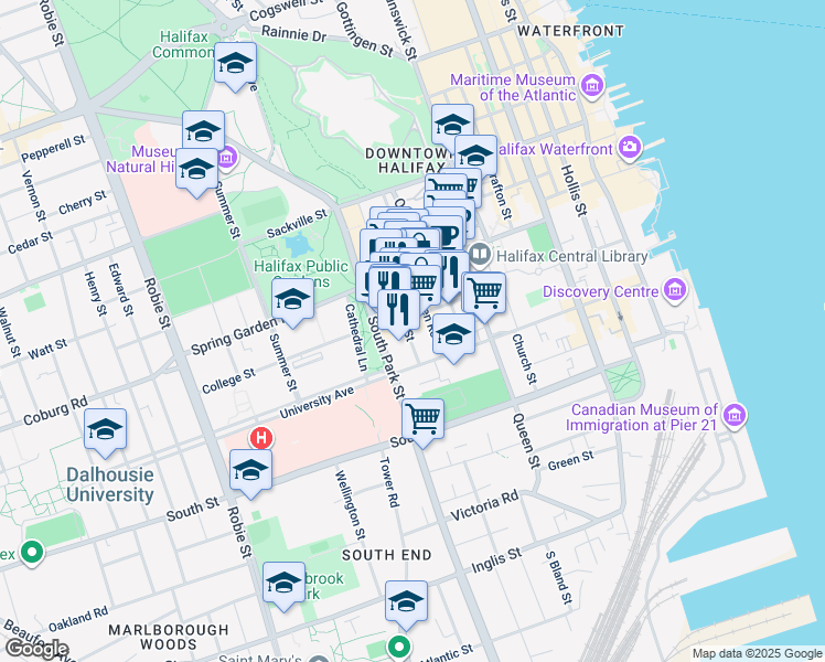 map of restaurants, bars, coffee shops, grocery stores, and more near 1349 Brenton Street in Halifax