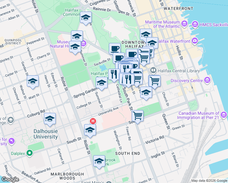 map of restaurants, bars, coffee shops, grocery stores, and more near 1464 Cathedral Lane in Halifax
