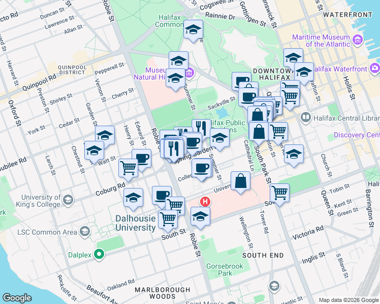 map of restaurants, bars, coffee shops, grocery stores, and more near 5885 Spring Garden Rd in Halifax County