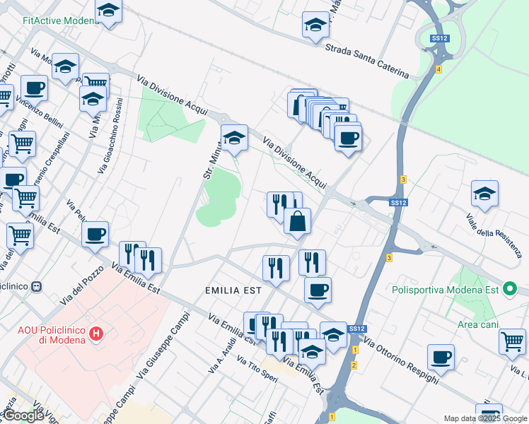 map of restaurants, bars, coffee shops, grocery stores, and more near 39 Via Saverio Mercadante in Modena