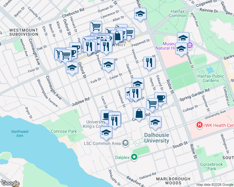 map of restaurants, bars, coffee shops, grocery stores, and more near 1672 Chestnut Street in Halifax