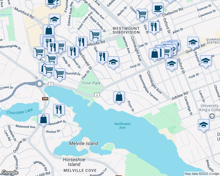 map of restaurants, bars, coffee shops, grocery stores, and more near 6860 Quinpool Road in Halifax