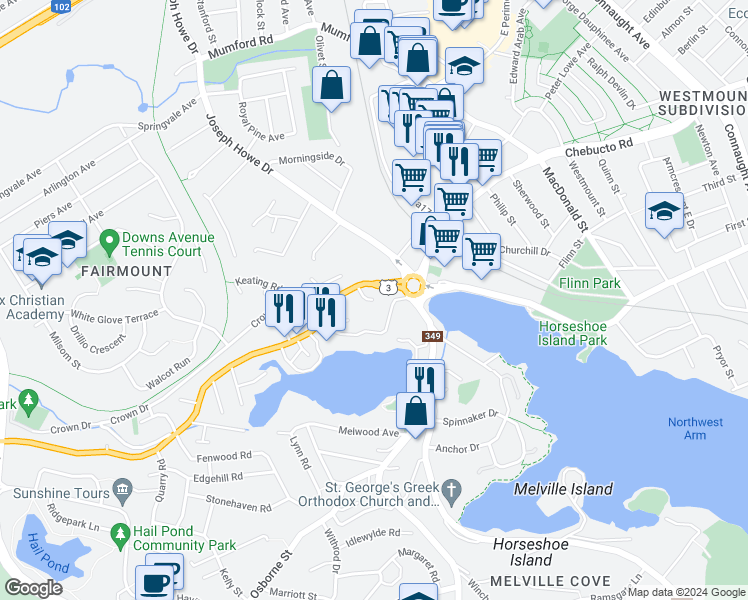 map of restaurants, bars, coffee shops, grocery stores, and more near 16 Birches Drive in Halifax