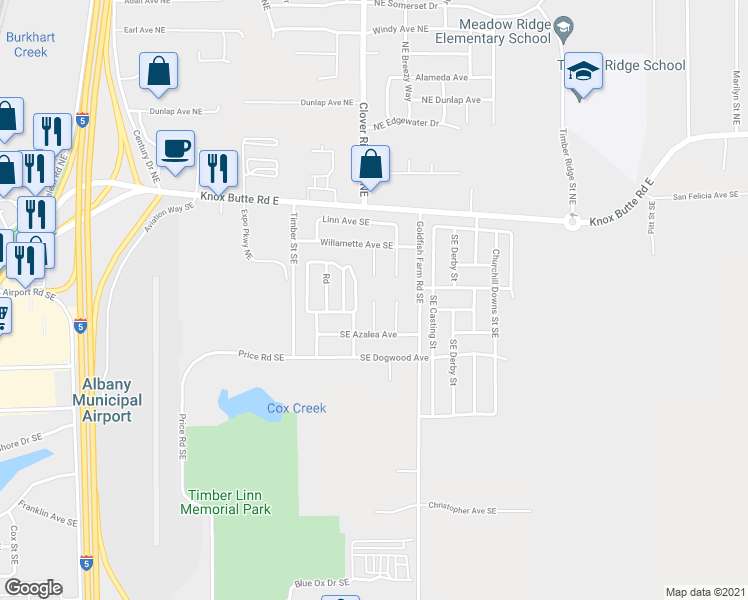 map of restaurants, bars, coffee shops, grocery stores, and more near 343 Kingfisher Court Southeast in Albany