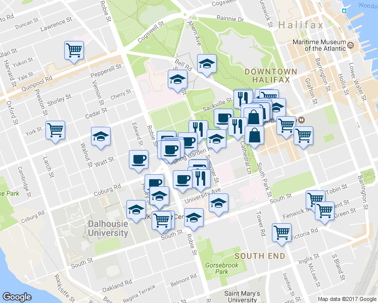 map of restaurants, bars, coffee shops, grocery stores, and more near 1491 Carlton Street in Halifax