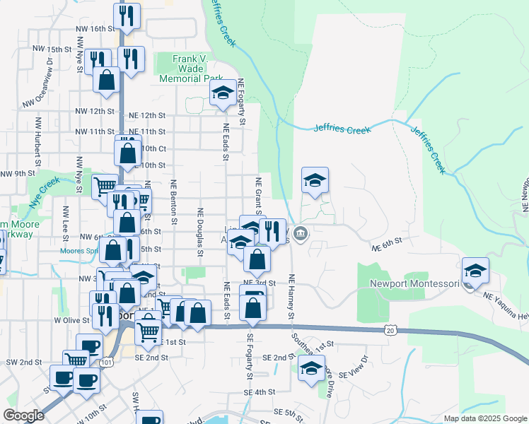 map of restaurants, bars, coffee shops, grocery stores, and more near 744 Northeast Grant Street in Newport