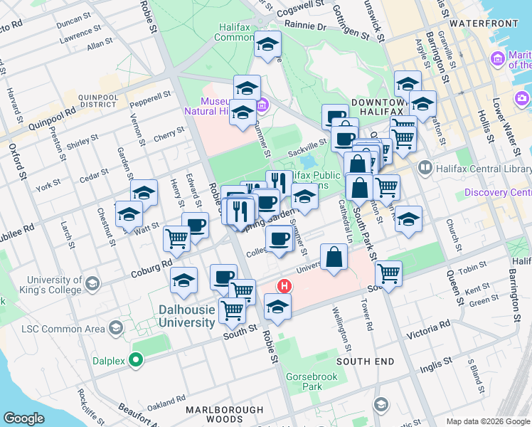 map of restaurants, bars, coffee shops, grocery stores, and more near 5885 Spring Garden Road in Halifax
