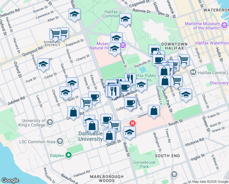 map of restaurants, bars, coffee shops, grocery stores, and more near 5959 Spring Garden Road in Halifax
