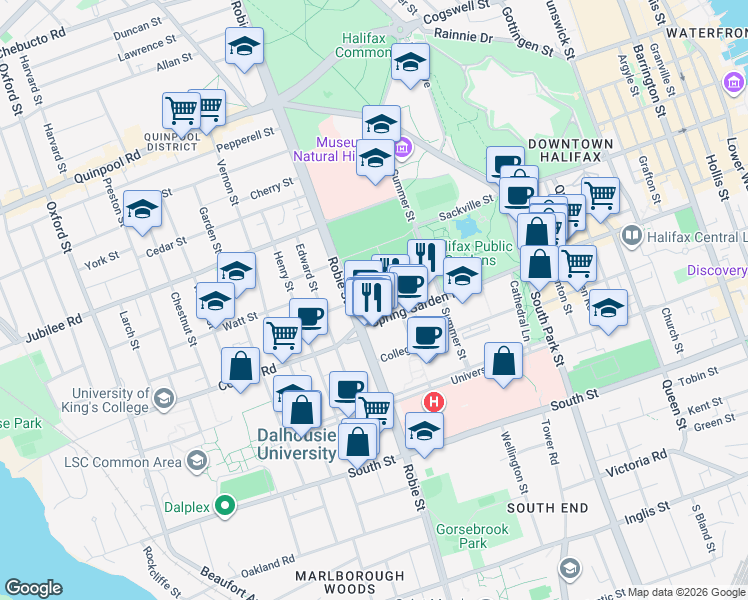 map of restaurants, bars, coffee shops, grocery stores, and more near 5959 Spring Garden Road in Halifax