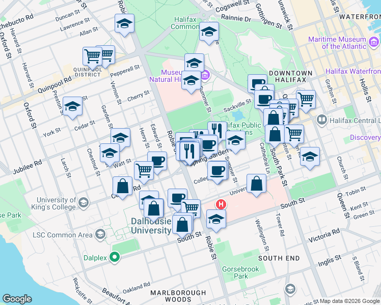 map of restaurants, bars, coffee shops, grocery stores, and more near in Halifax