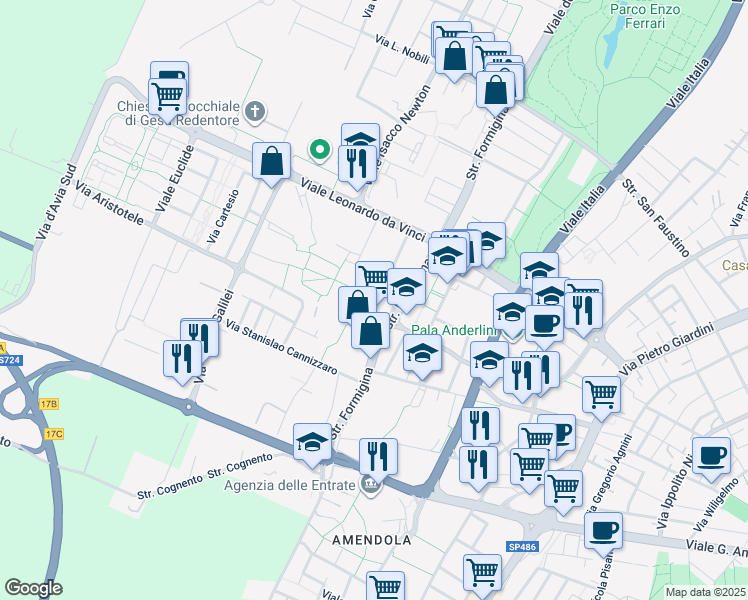 map of restaurants, bars, coffee shops, grocery stores, and more near 30 Via Marie Curie in Modena