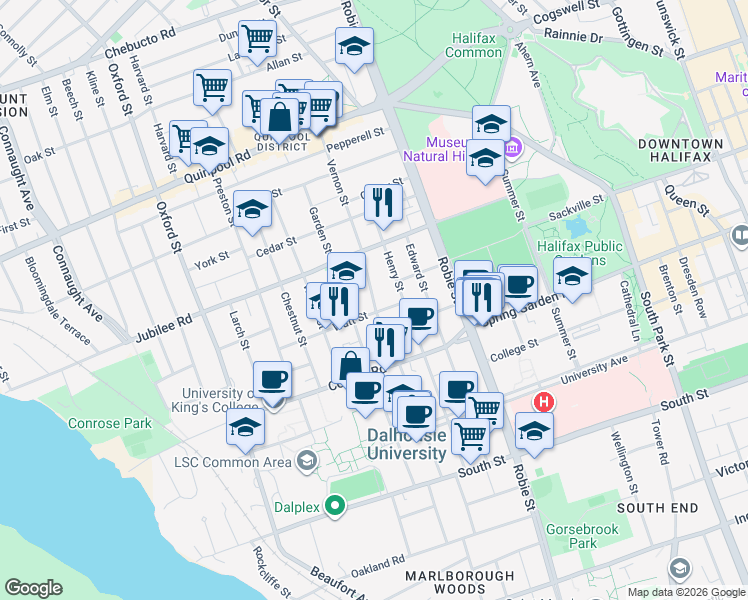 map of restaurants, bars, coffee shops, grocery stores, and more near 1629 Vernon Street in Halifax
