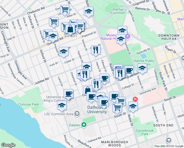 map of restaurants, bars, coffee shops, grocery stores, and more near 1630 Vernon Street in Halifax