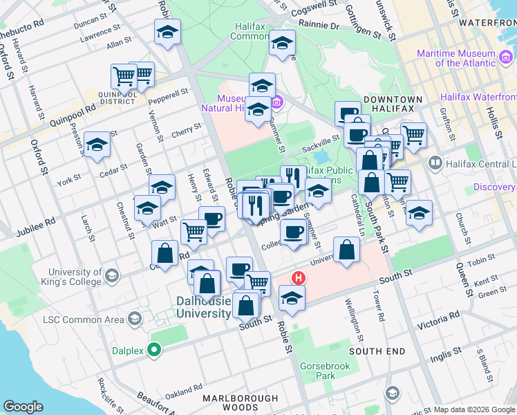 map of restaurants, bars, coffee shops, grocery stores, and more near in Halifax