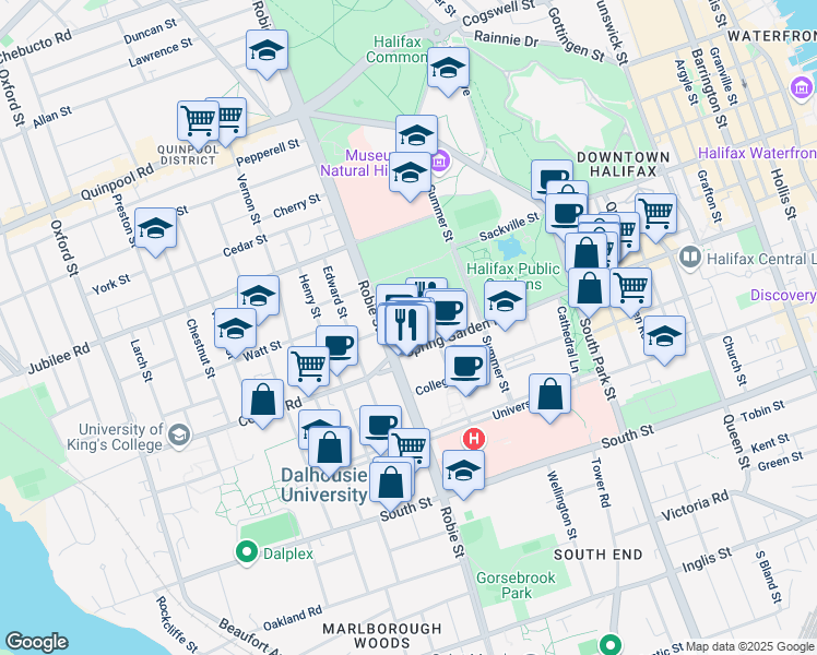 map of restaurants, bars, coffee shops, grocery stores, and more near 5959 Spring Garden Road in Halifax