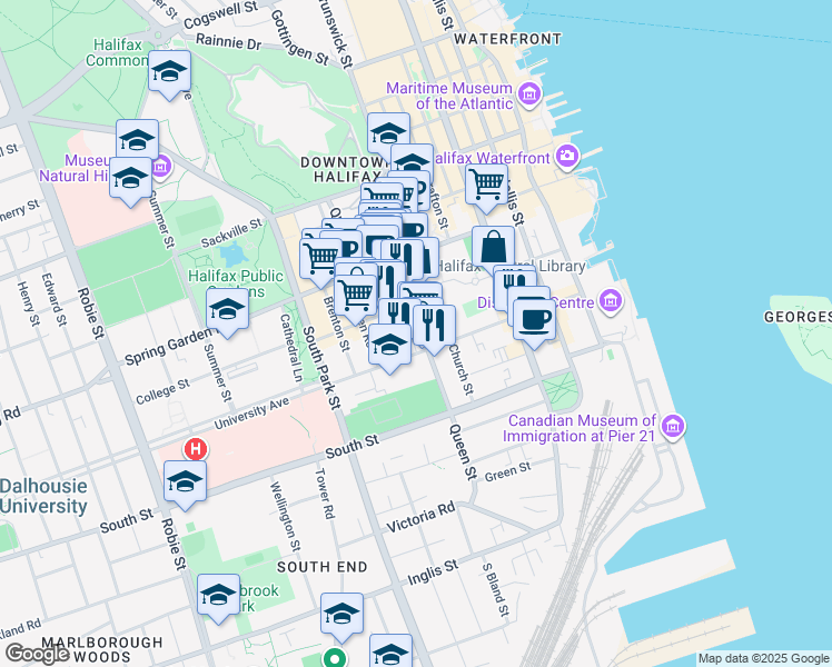 map of restaurants, bars, coffee shops, grocery stores, and more near 1320 Queen Street in Halifax