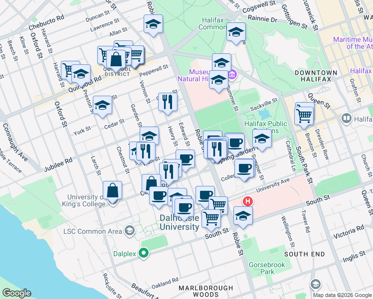 map of restaurants, bars, coffee shops, grocery stores, and more near 1620 Edward Street in Halifax