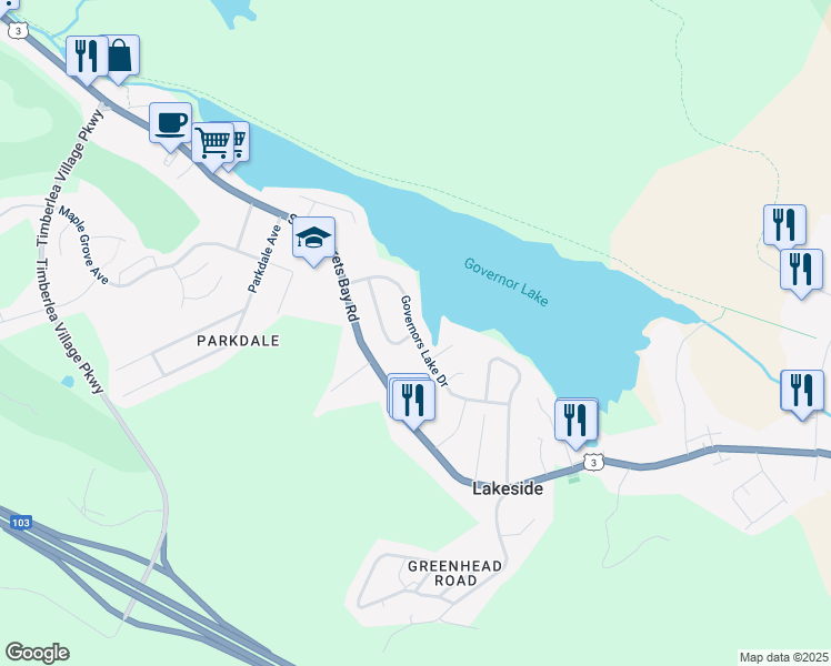 map of restaurants, bars, coffee shops, grocery stores, and more near Governors Lake Drive in Timberlea