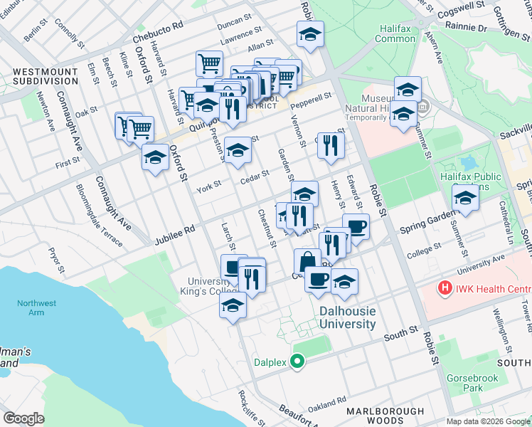 map of restaurants, bars, coffee shops, grocery stores, and more near in Halifax